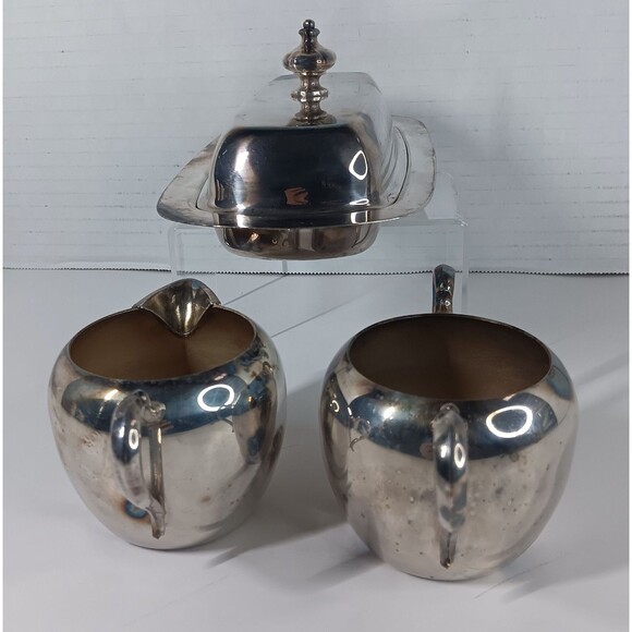 Wallace Silverplate Lot Creamer Sugar Bowl Butter Tray Dish With Glass Insert - Picture 6 of 13